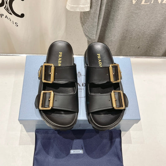 PRA STRAP SLIDES SANDALS BLACK CALFSKIN - 35