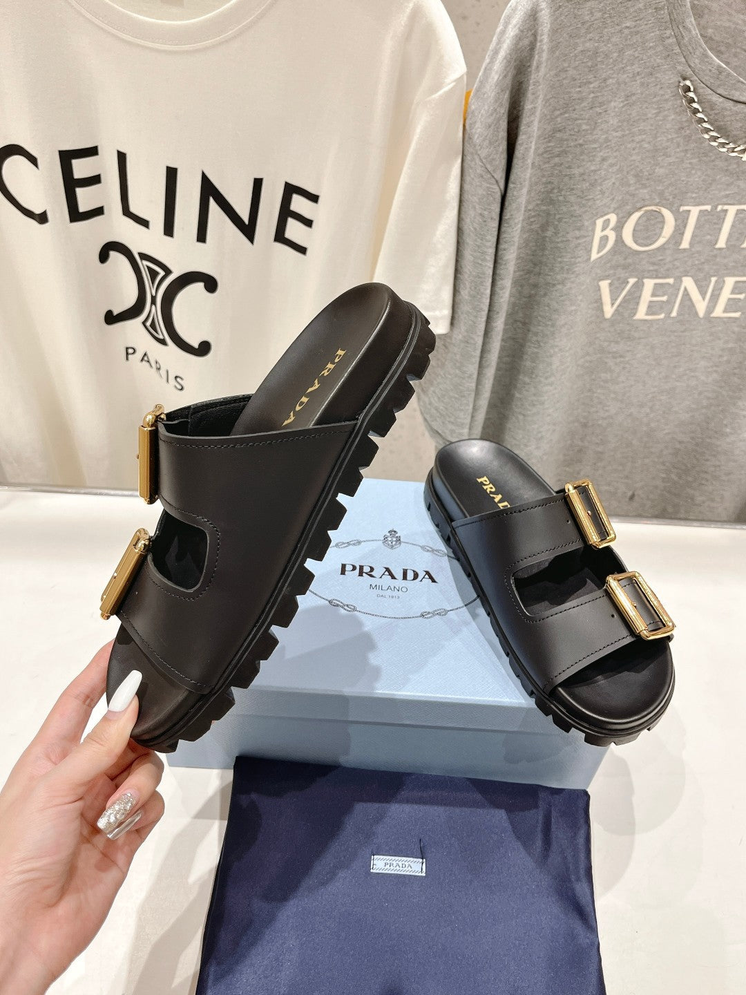PRA STRAP SLIDES SANDALS BLACK CALFSKIN - 35