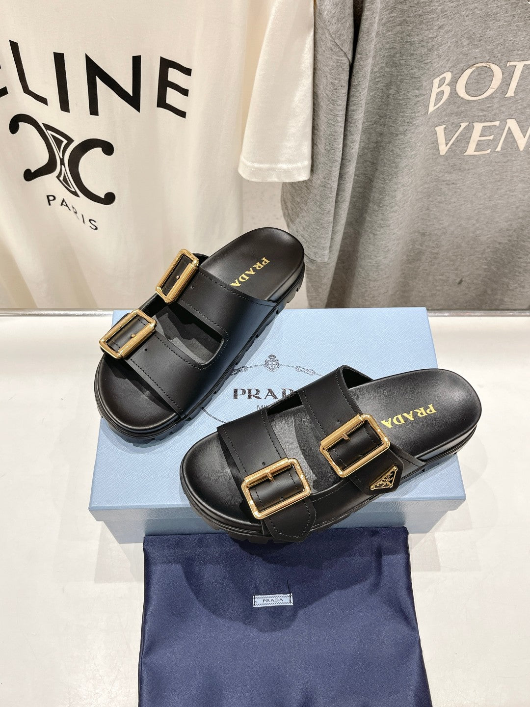 PRA STRAP SLIDES SANDALS BLACK CALFSKIN - 35