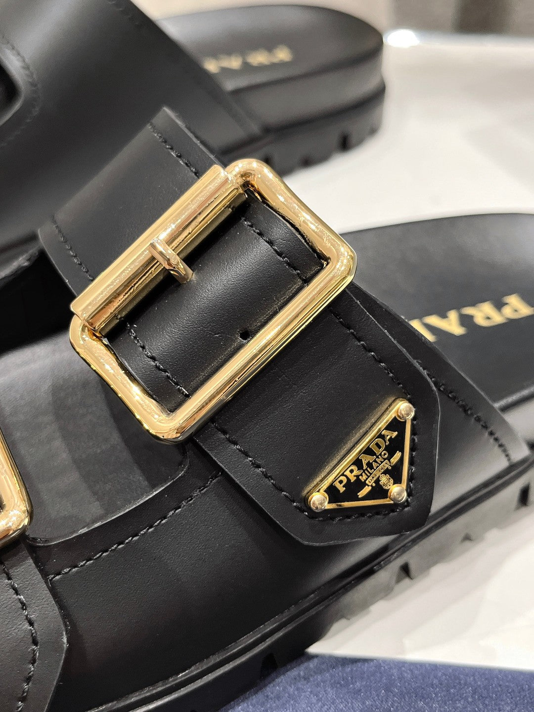 PRA STRAP SLIDES SANDALS BLACK CALFSKIN - 35