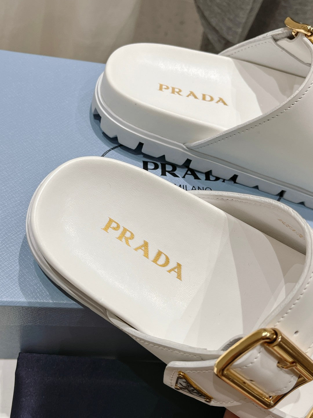 PRA STRAP SLIDES SANDALS WHITE CALFSKIN - 35