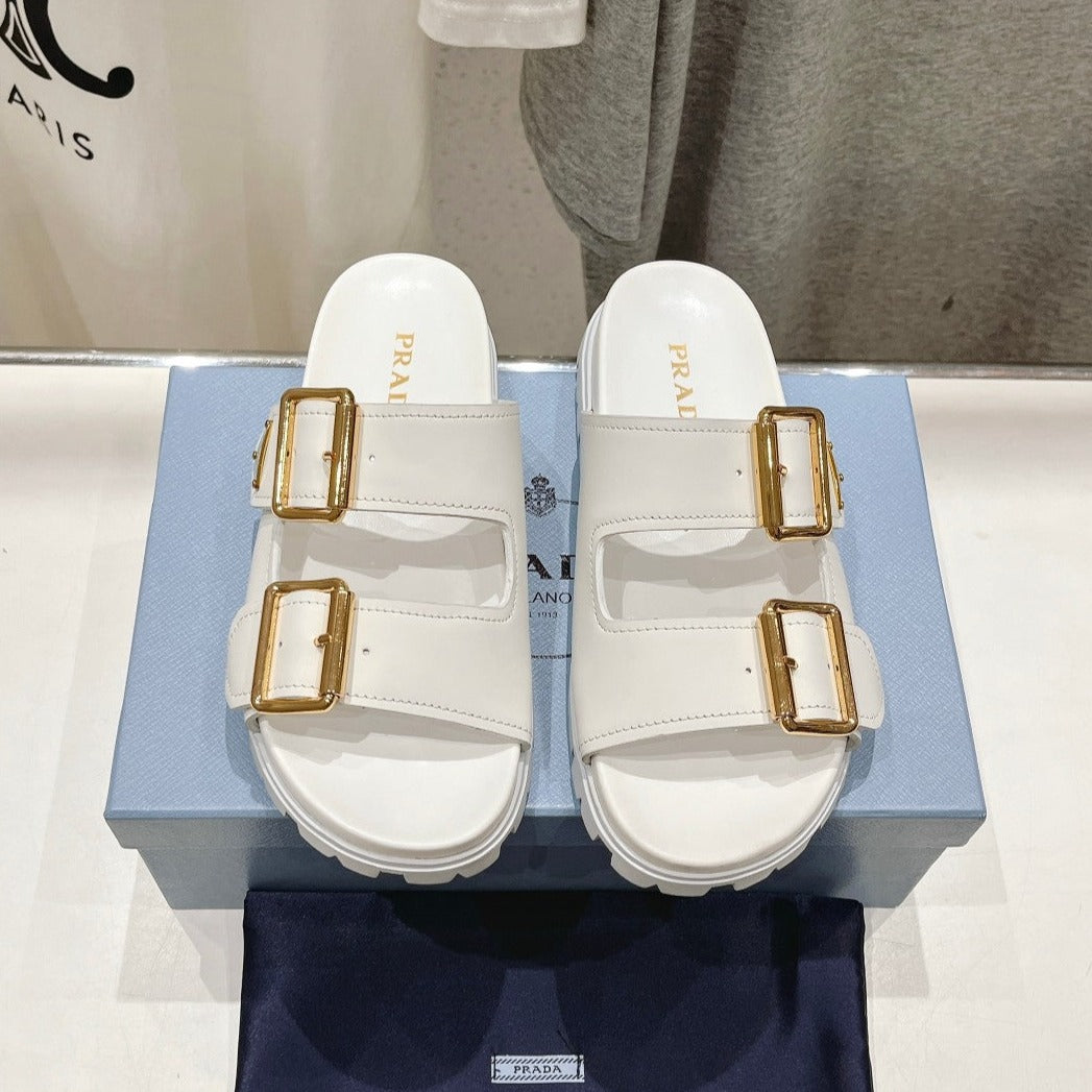 PRA STRAP SLIDES SANDALS WHITE CALFSKIN - 35
