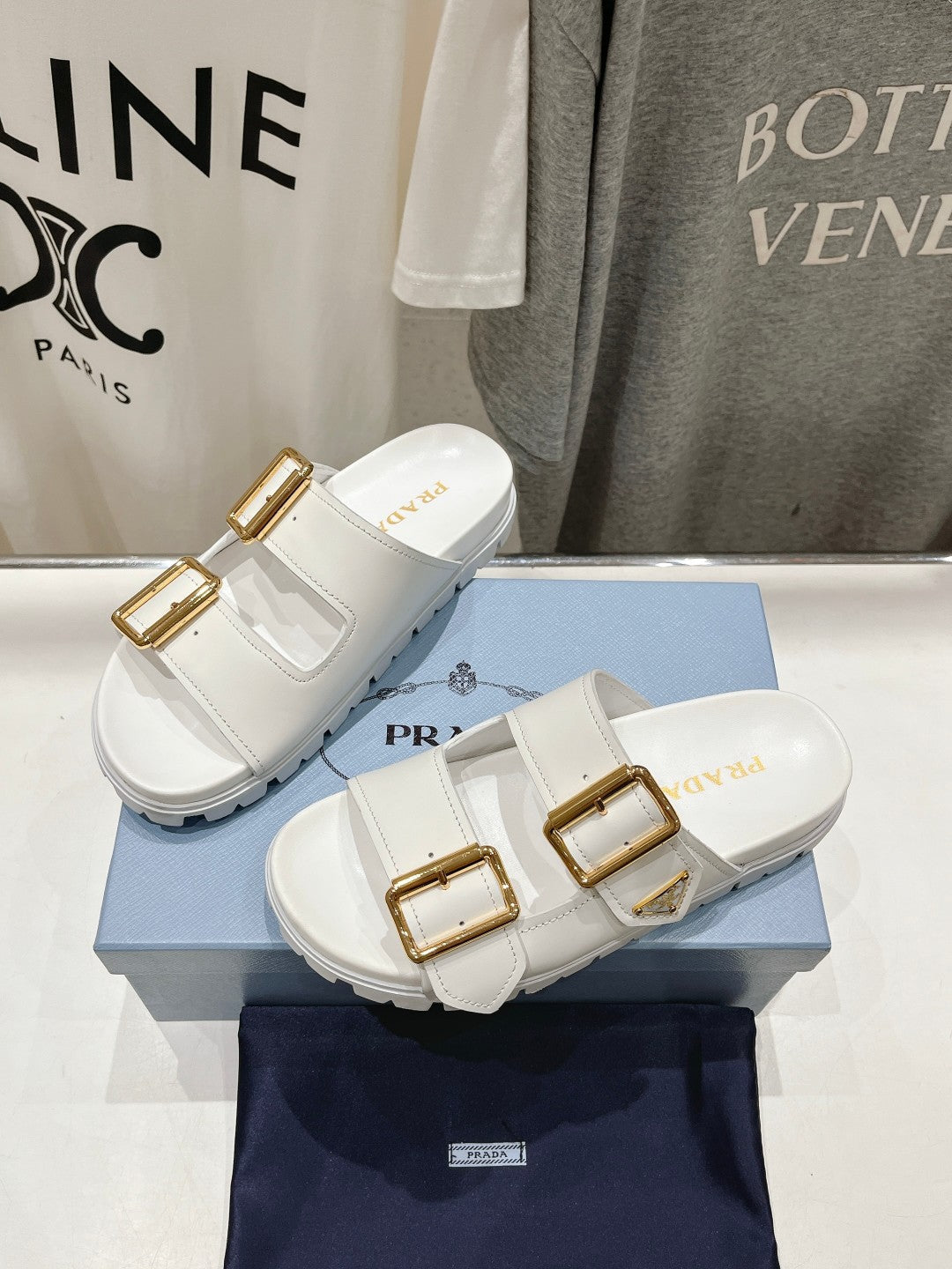 PRA STRAP SLIDES SANDALS WHITE CALFSKIN - 35
