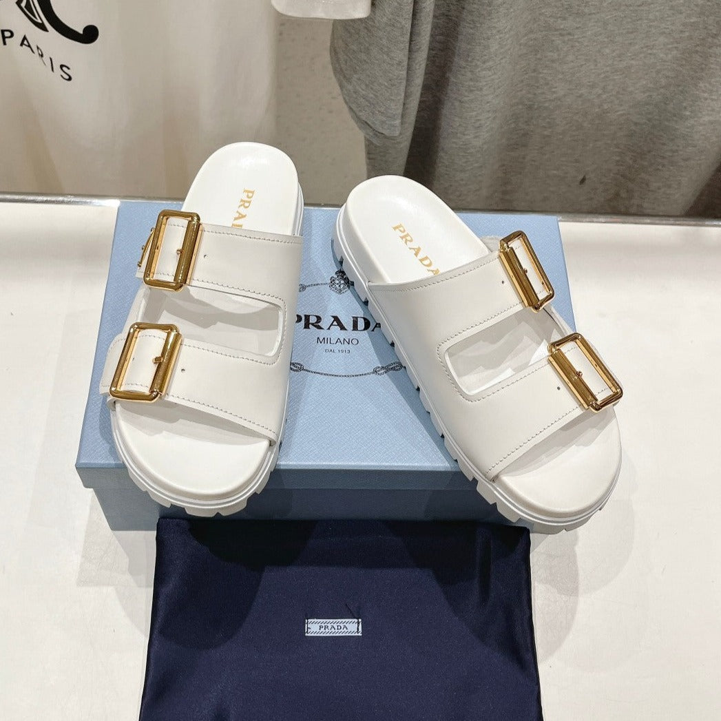PRA STRAP SLIDES SANDALS WHITE CALFSKIN - 35