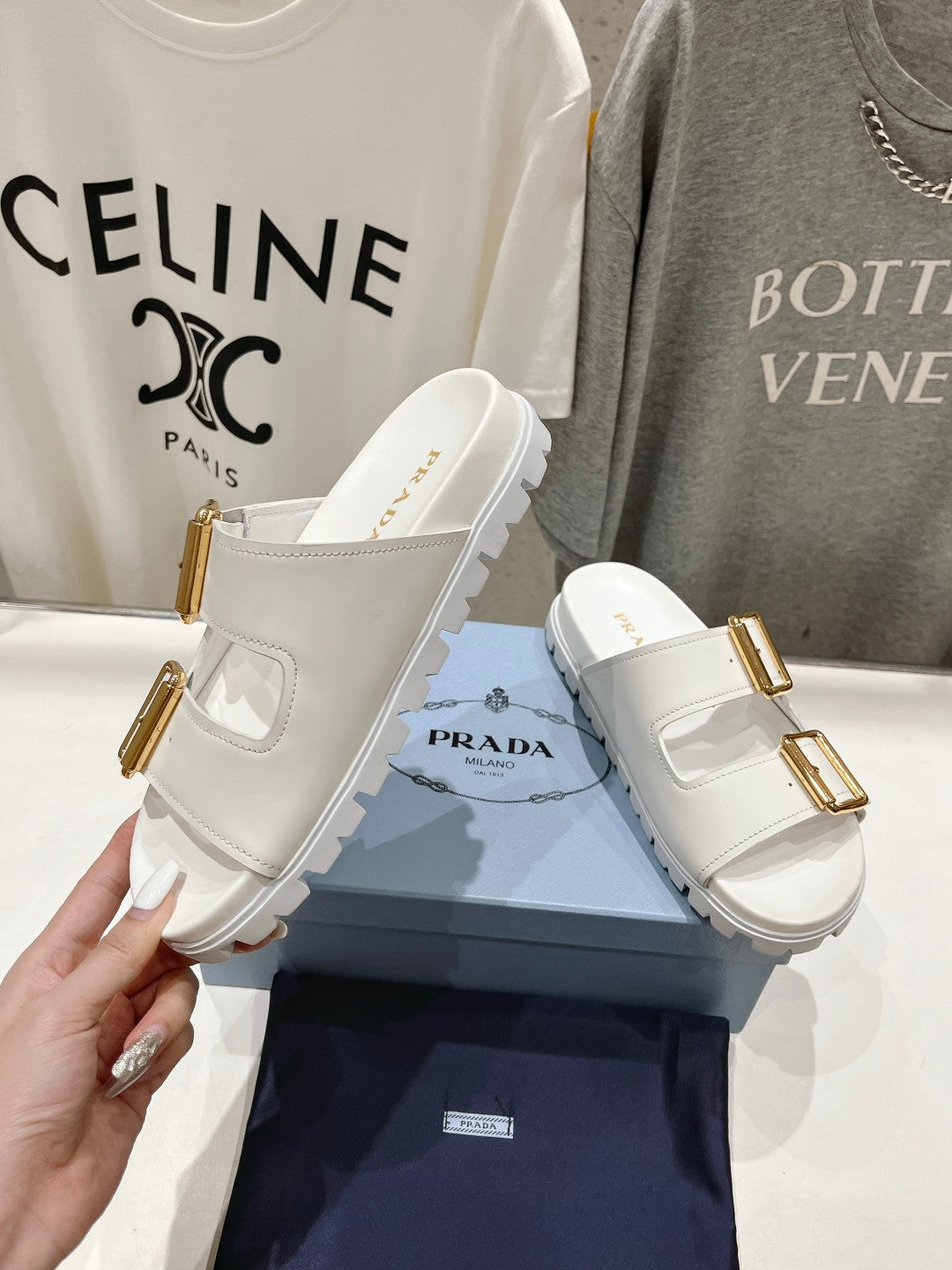 PRA STRAP SLIDES SANDALS WHITE CALFSKIN - 35