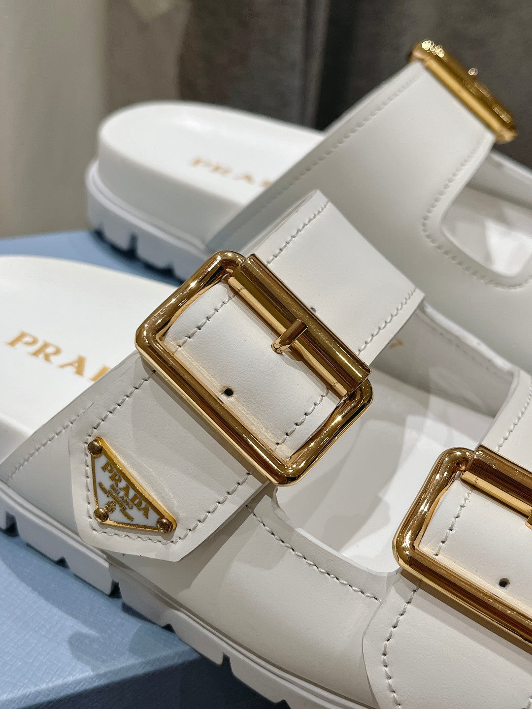 PRA STRAP SLIDES SANDALS WHITE CALFSKIN - 35