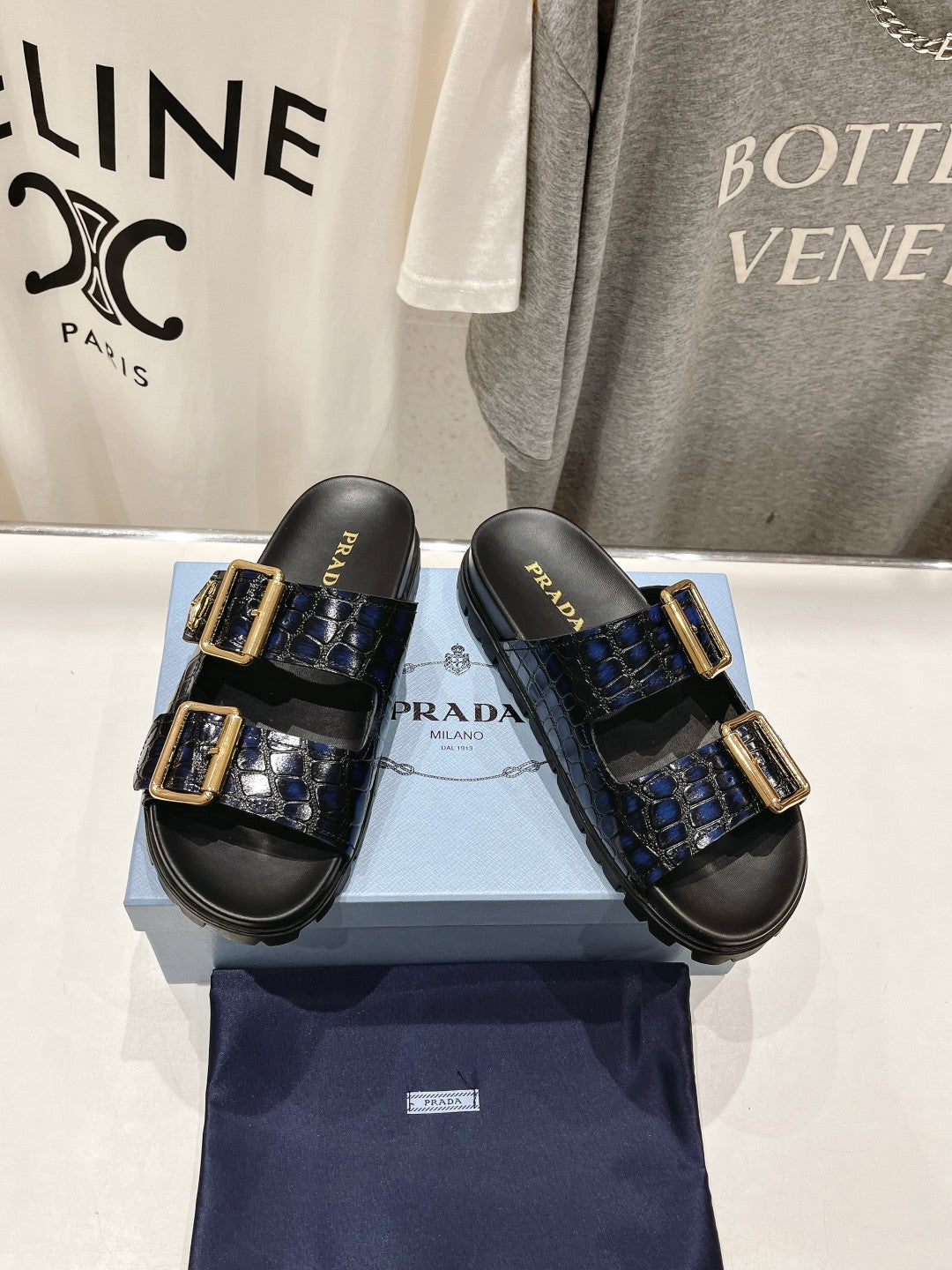 PRA CROCODILE MOTIF STRAP SLIDES SANDALS BLACK AND LAPIS CALFSKIN - 35