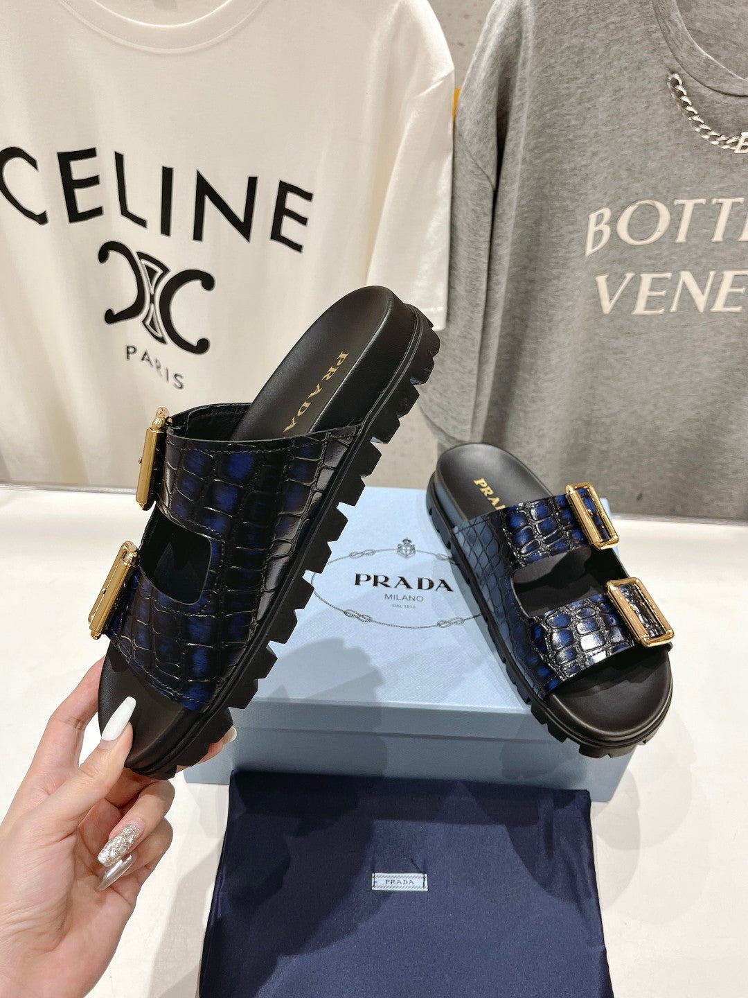 PRA CROCODILE MOTIF STRAP SLIDES SANDALS BLACK AND LAPIS CALFSKIN - 35