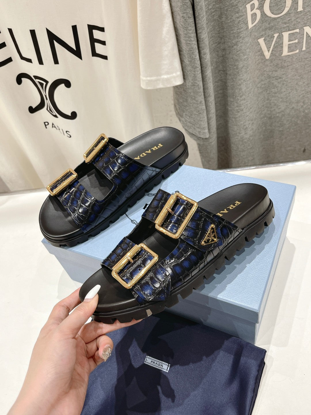 PRA CROCODILE MOTIF STRAP SLIDES SANDALS BLACK AND LAPIS CALFSKIN - 35