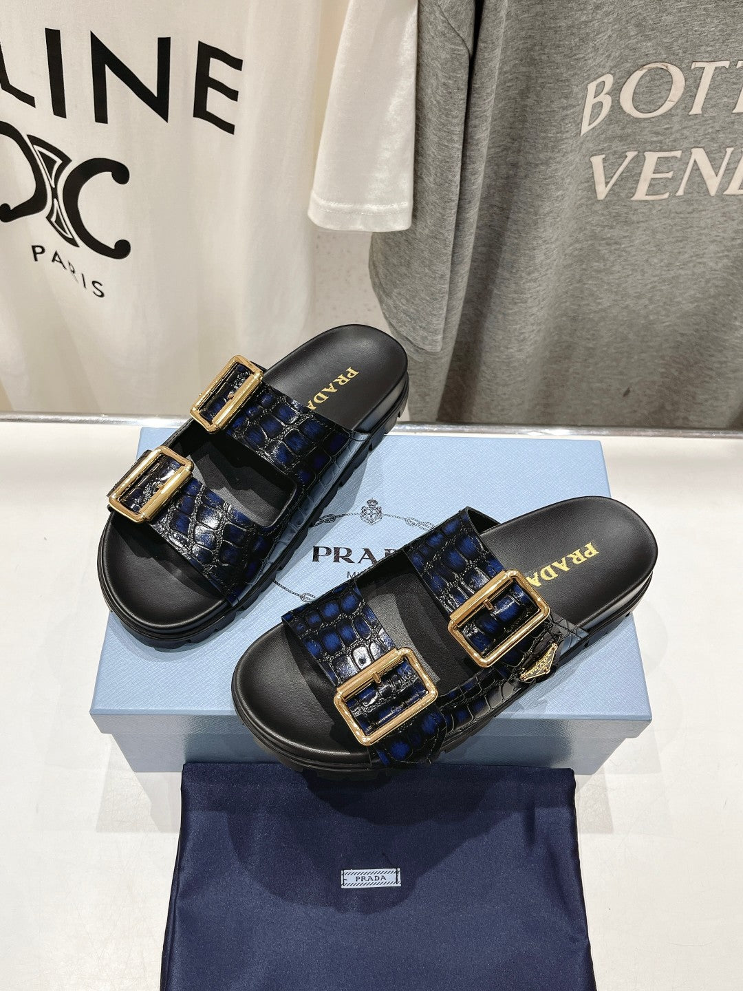 PRA CROCODILE MOTIF STRAP SLIDES SANDALS BLACK AND LAPIS CALFSKIN - 35