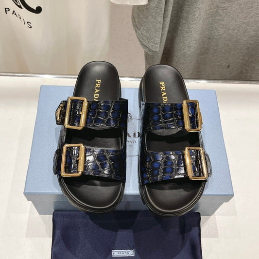 PRA CROCODILE MOTIF STRAP SLIDES SANDALS BLACK AND LAPIS CALFSKIN - 35