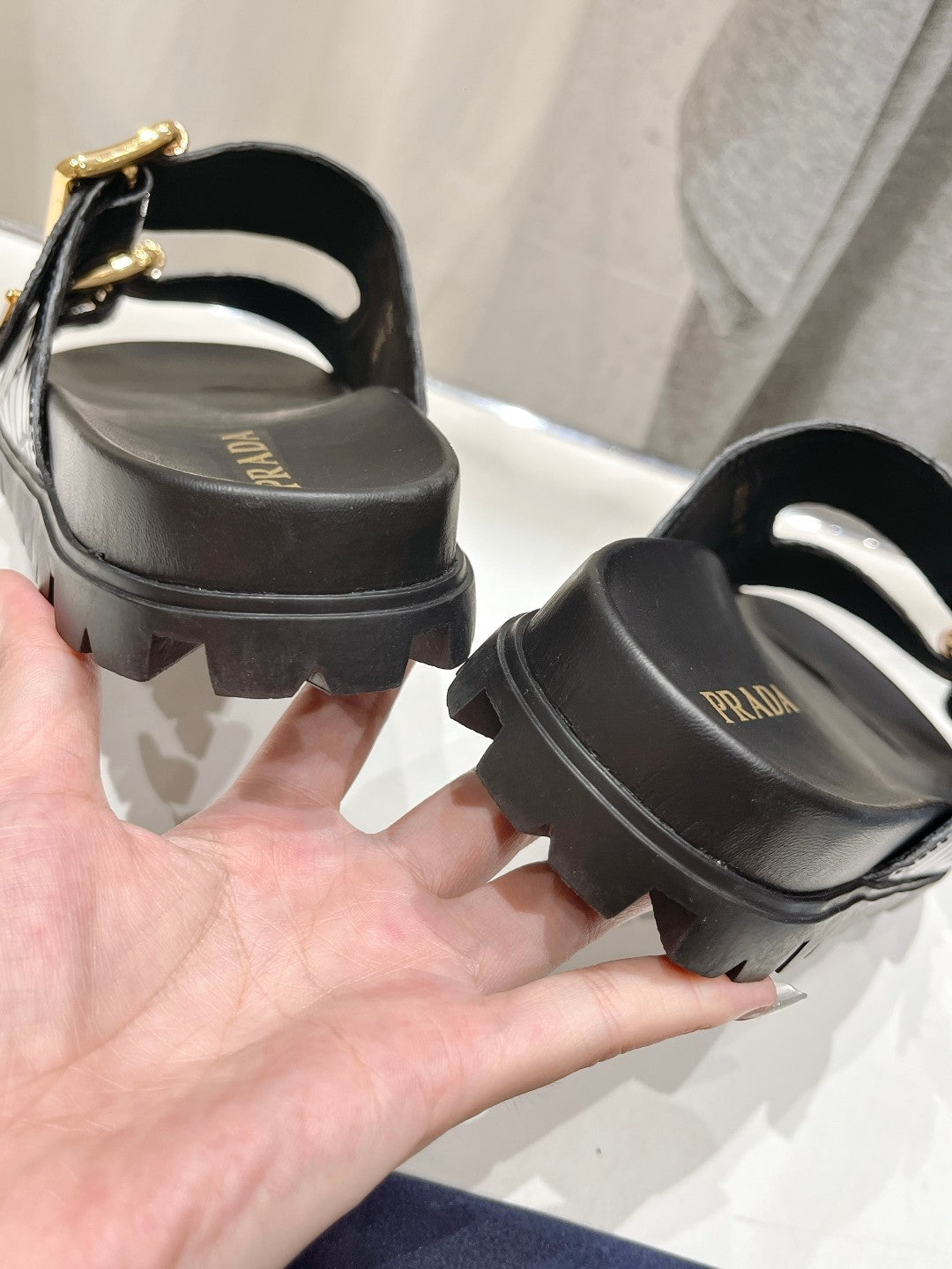 PRA CROCODILE MOTIF STRAP SLIDES SANDALS BLACK AND LAPIS CALFSKIN - 35