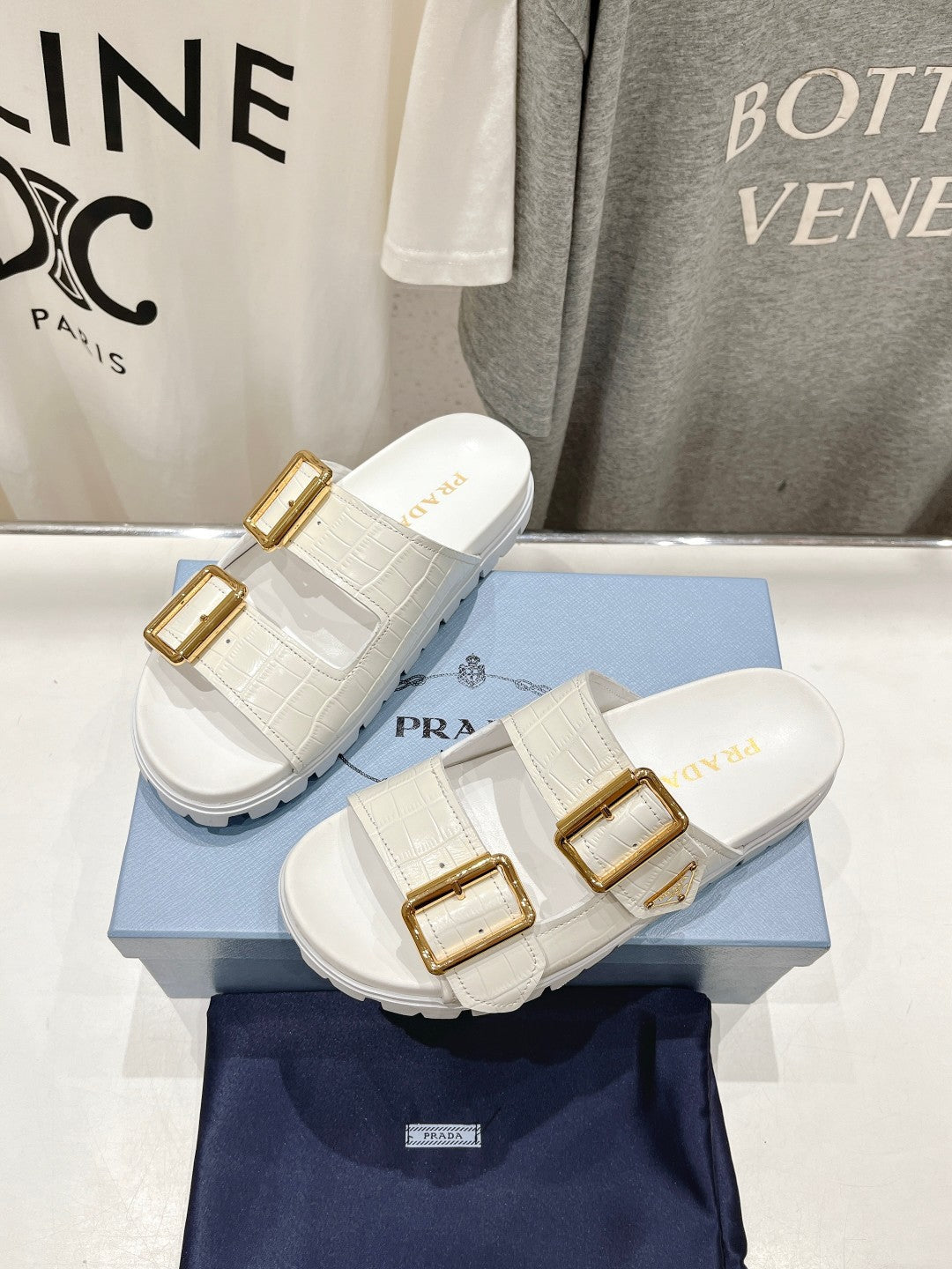 PRA CROCODILE MOTIF STRAP SLIDES SANDALS WHITE CALFSKIN - 35