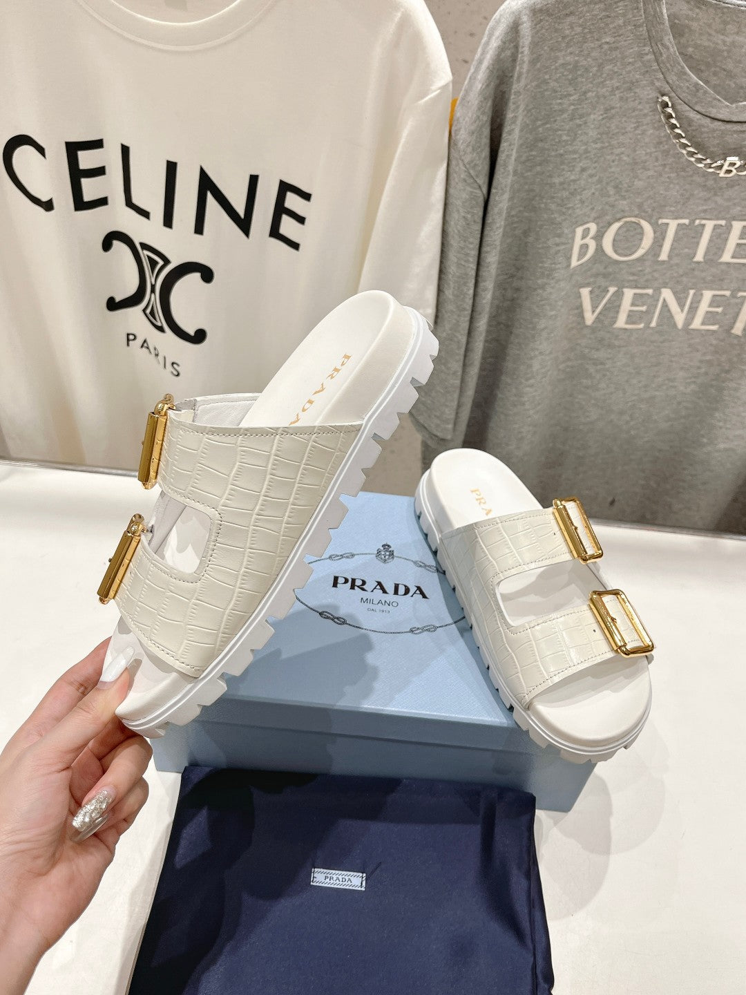 PRA CROCODILE MOTIF STRAP SLIDES SANDALS WHITE CALFSKIN - 35