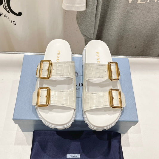 PRA CROCODILE MOTIF STRAP SLIDES SANDALS WHITE CALFSKIN - 35