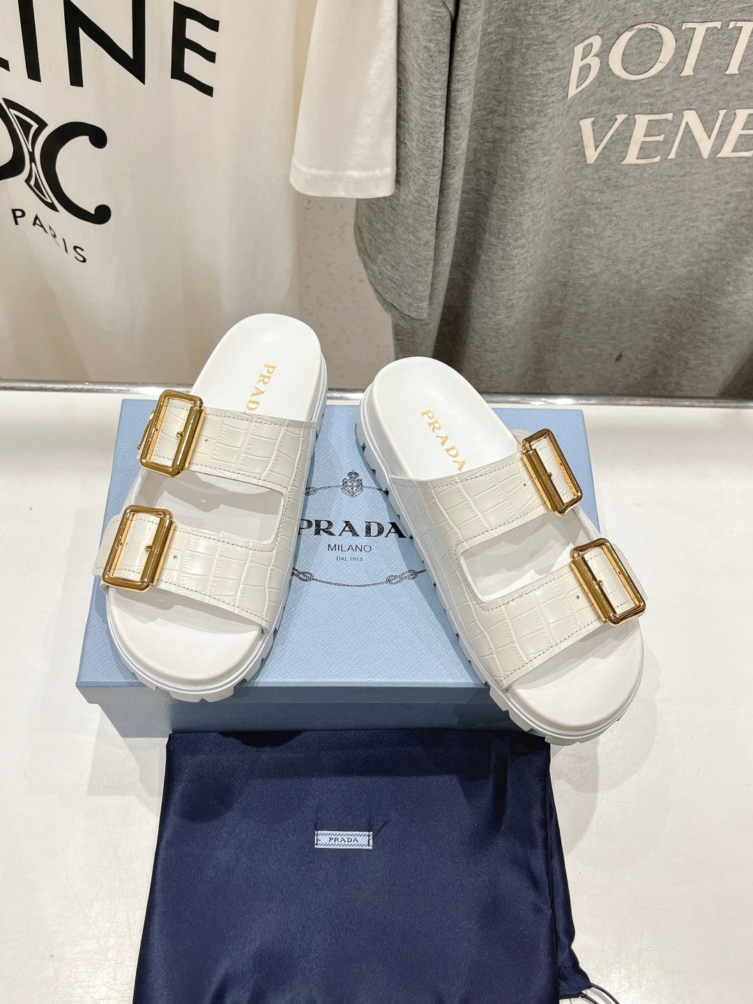 PRA CROCODILE MOTIF STRAP SLIDES SANDALS WHITE CALFSKIN - 35