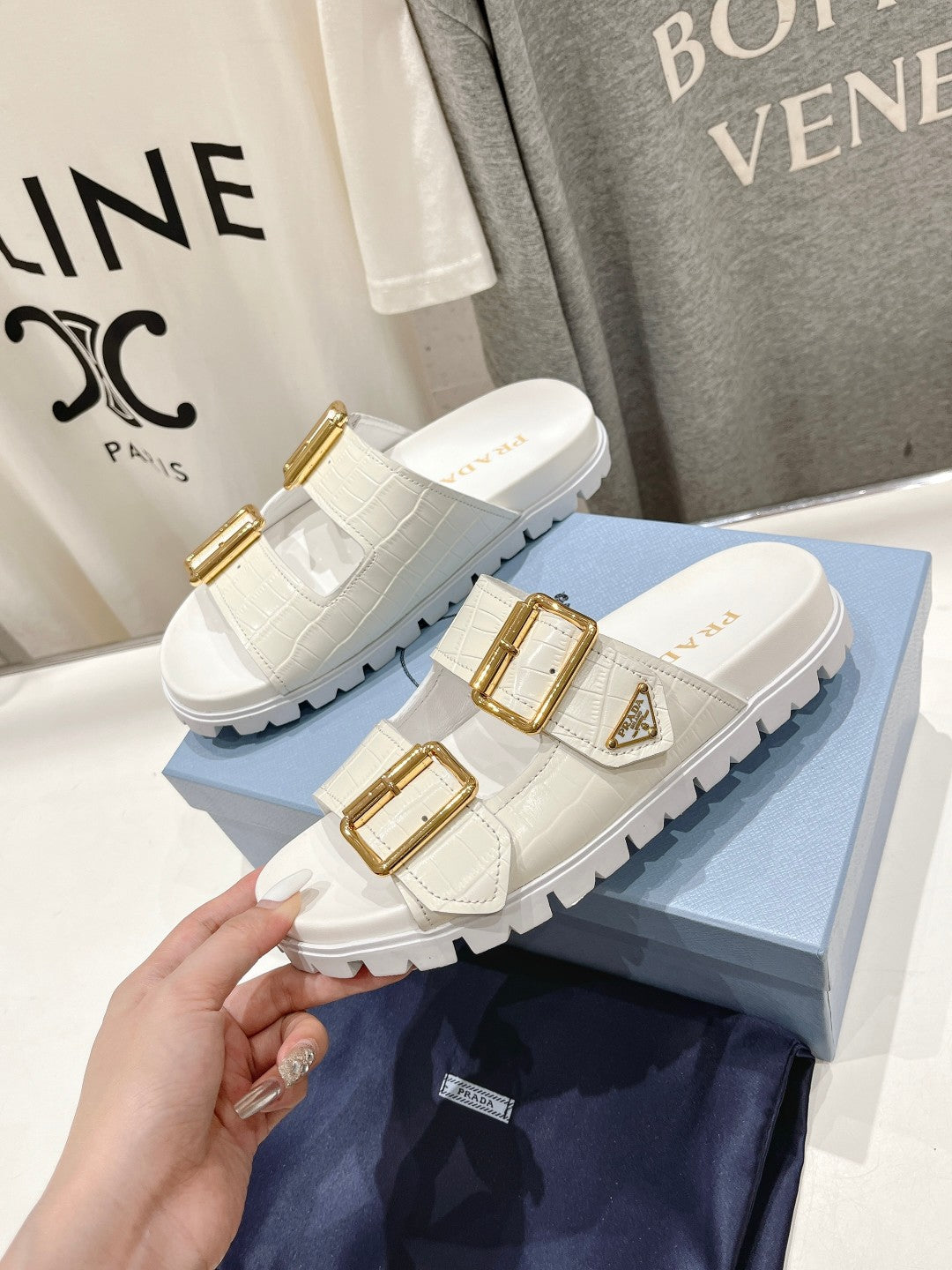PRA CROCODILE MOTIF STRAP SLIDES SANDALS WHITE CALFSKIN - 35