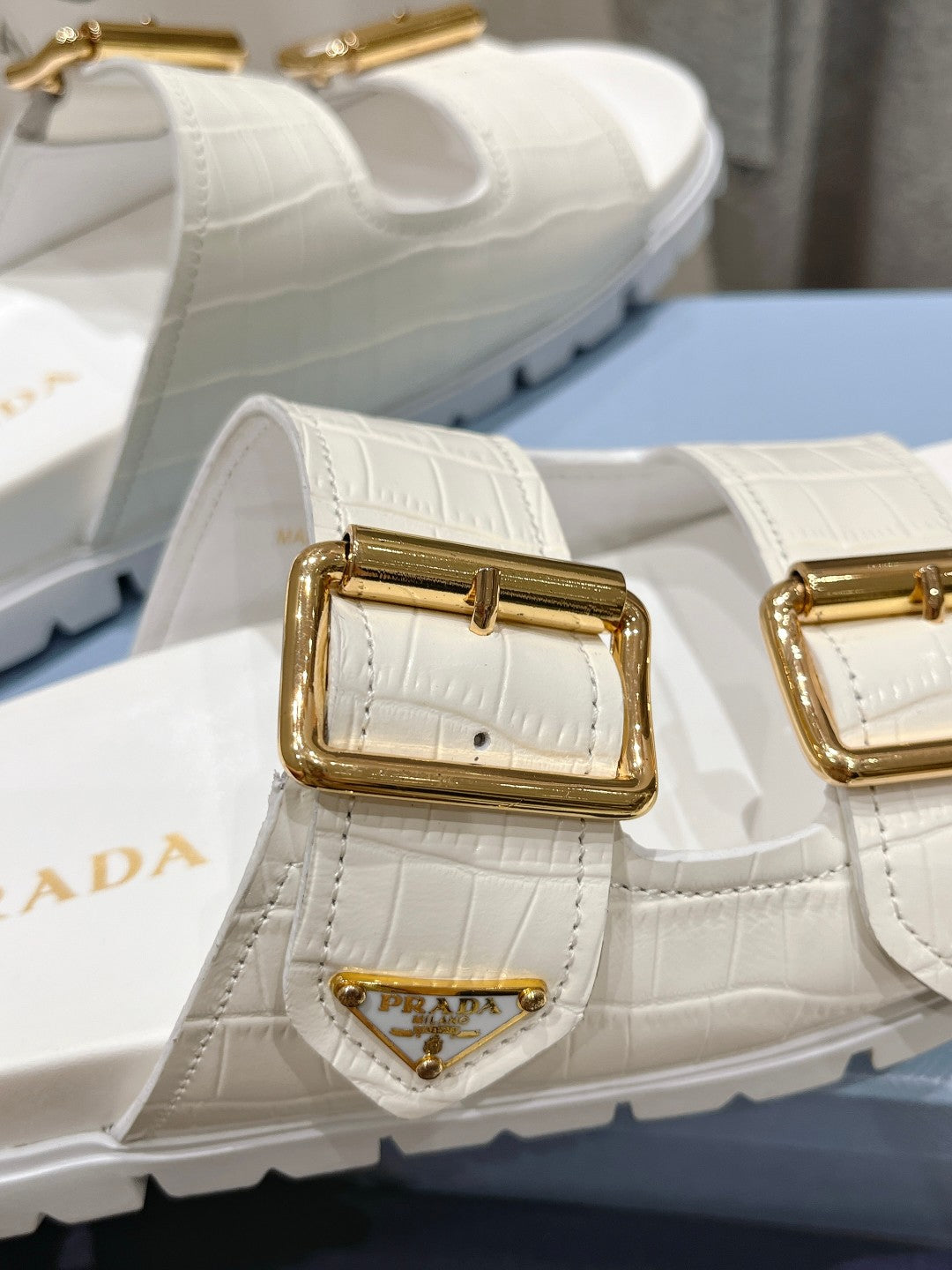 PRA CROCODILE MOTIF STRAP SLIDES SANDALS WHITE CALFSKIN - 35