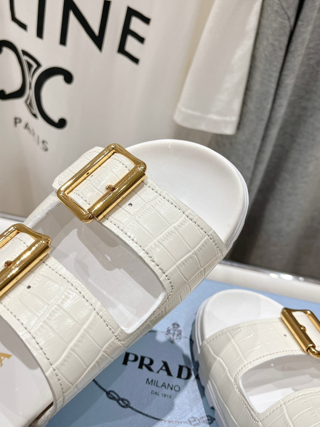 PRA CROCODILE MOTIF STRAP SLIDES SANDALS WHITE CALFSKIN - 35