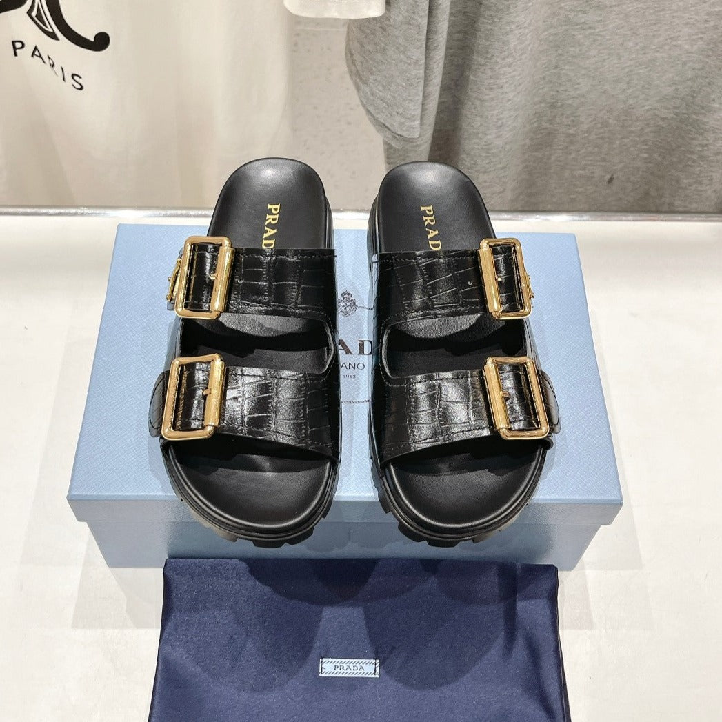 PRA CROCODILE MOTIF STRAP SLIDES SANDALS BLACK CALFSKIN - 35