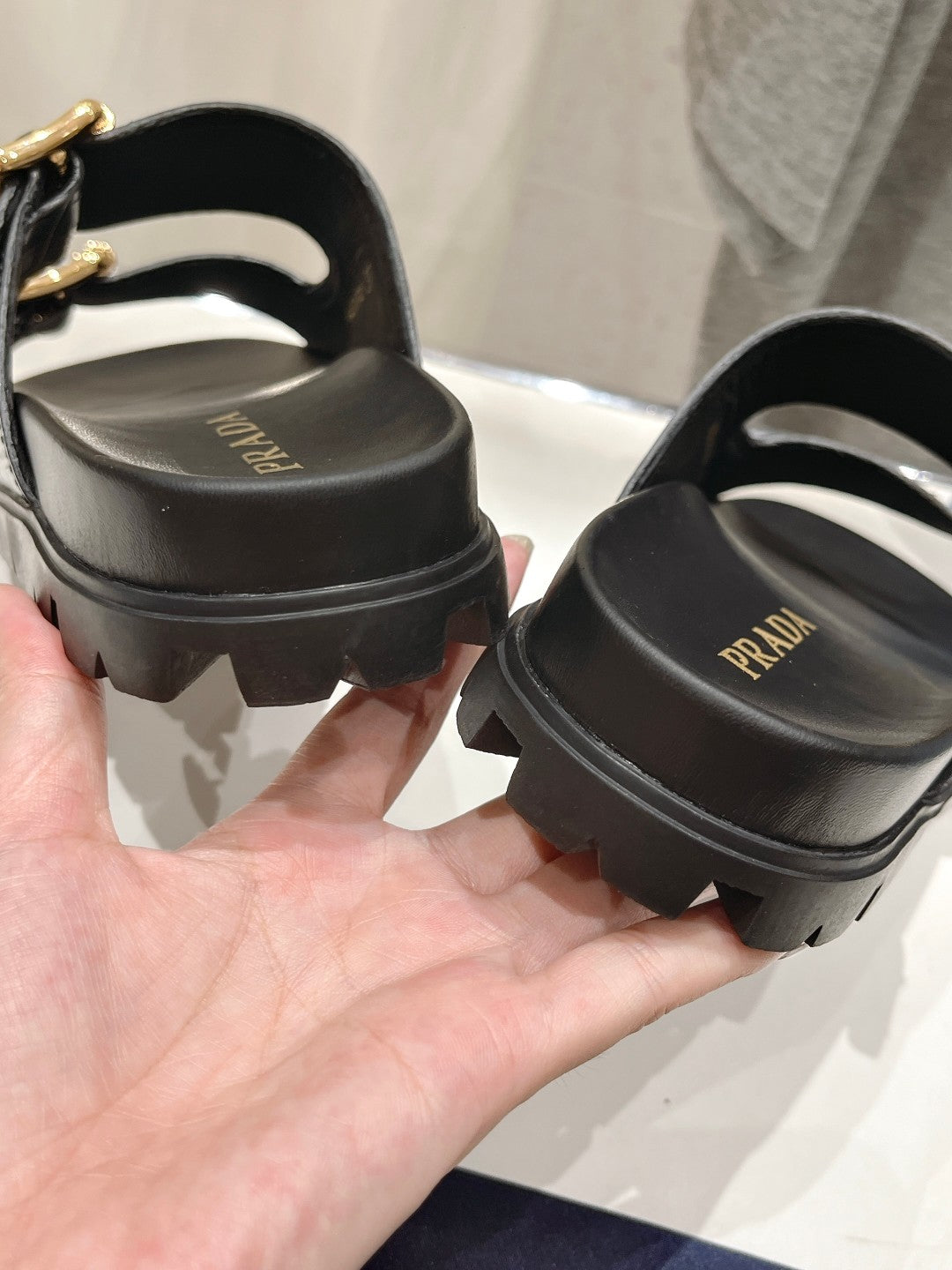 PRA CROCODILE MOTIF STRAP SLIDES SANDALS BLACK CALFSKIN - 35