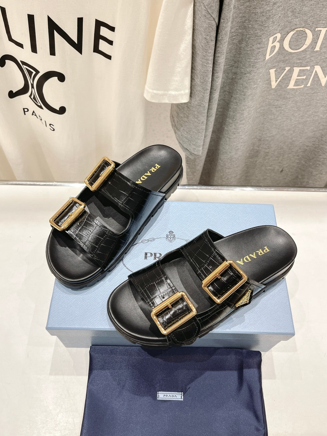 PRA CROCODILE MOTIF STRAP SLIDES SANDALS BLACK CALFSKIN - 35