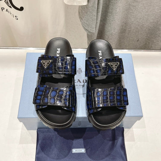 PRA CROCODILE LEATHER MOTIF SANDALS BLACK AND LAPIS CALFSKIN - 35