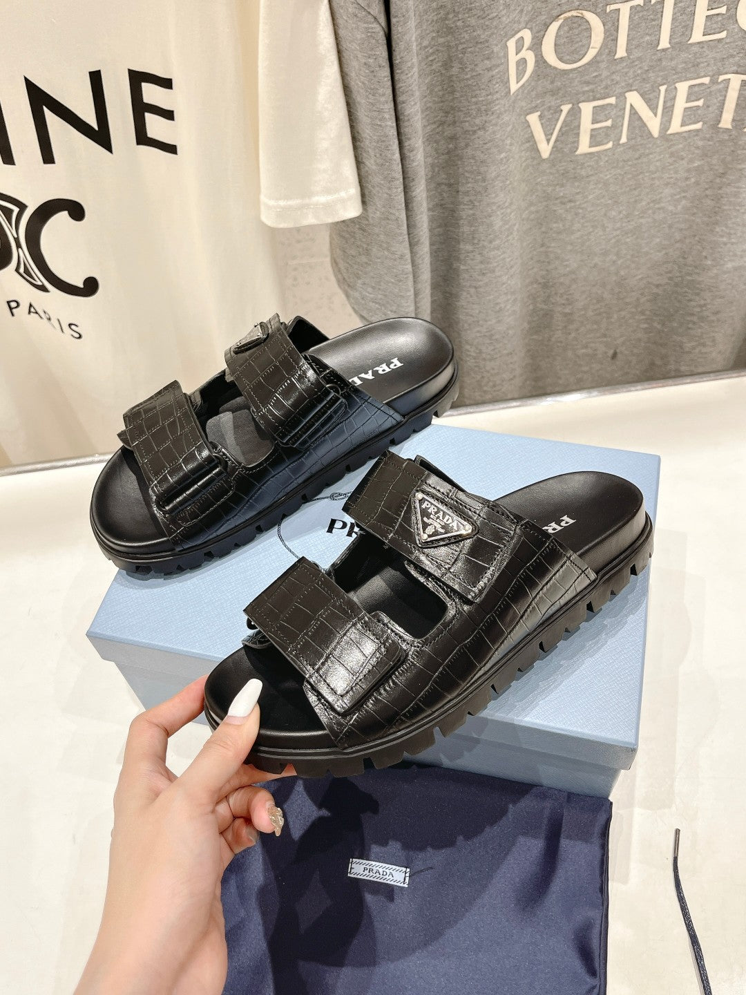 PRA CROCODILE LEATHER MOTIF SANDALS BLACK CALFSKIN - 35