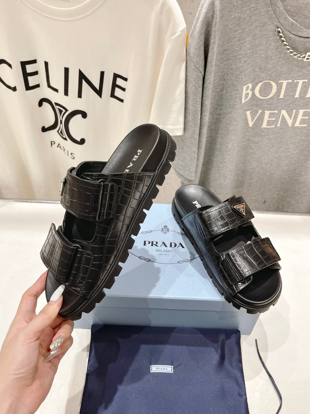 PRA CROCODILE LEATHER MOTIF SANDALS BLACK CALFSKIN - 35