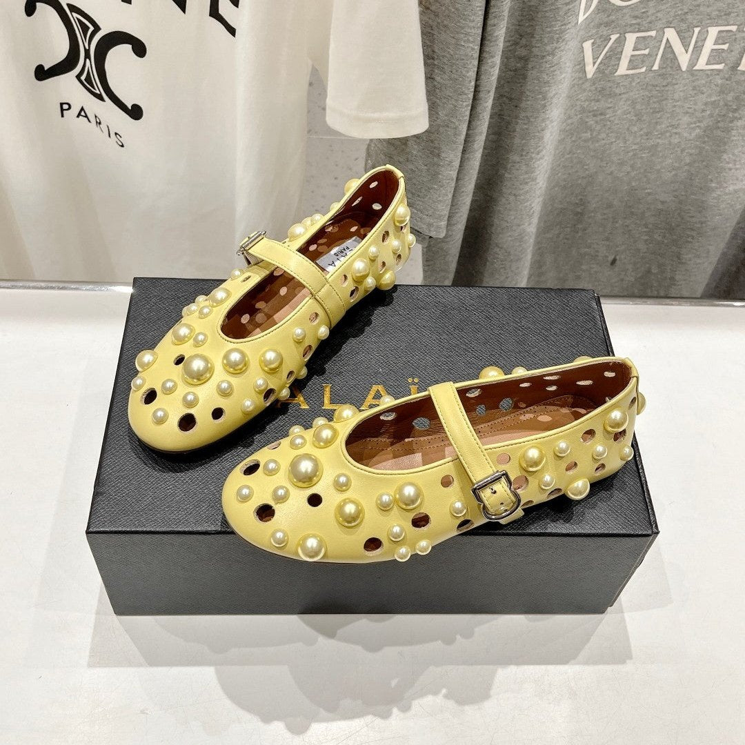 ALAIA PEARL MARY JANE SHOES IN YELLOW CORN LAMBSKIN - 35