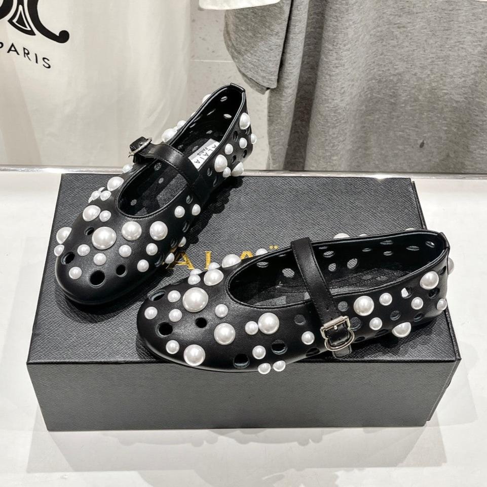 ALAIA PEARL MARY JANE SHOES BLACK MIX WHITE LAMBSKIN - 35