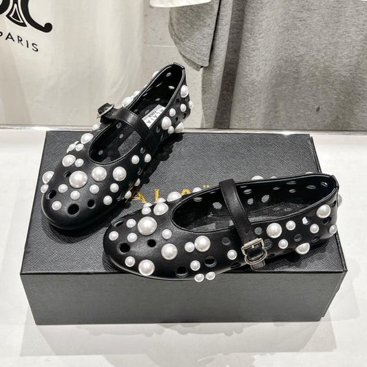 ALAIA PEARL MARY JANE SHOES BLACK MIX WHITE LAMBSKIN - 35
