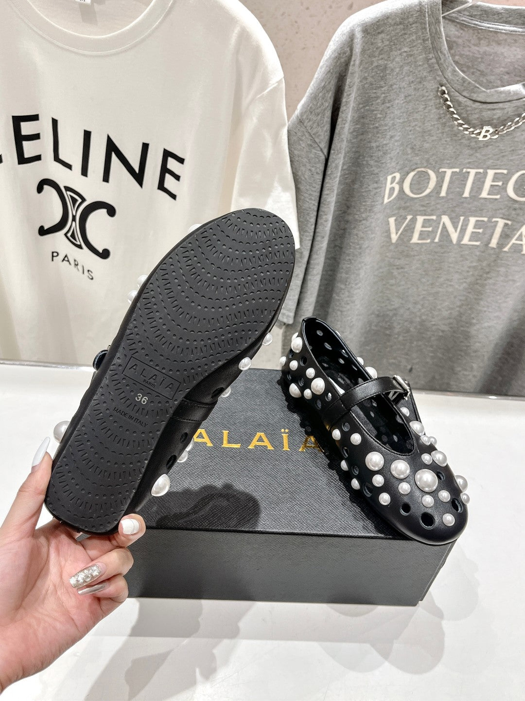 ALAIA PEARL MARY JANE SHOES BLACK MIX WHITE LAMBSKIN - 35