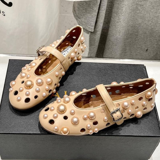 ALAIA PEARL MARY JANE SHOES IN BISQUE BEIGE LAMBSKIN - 35