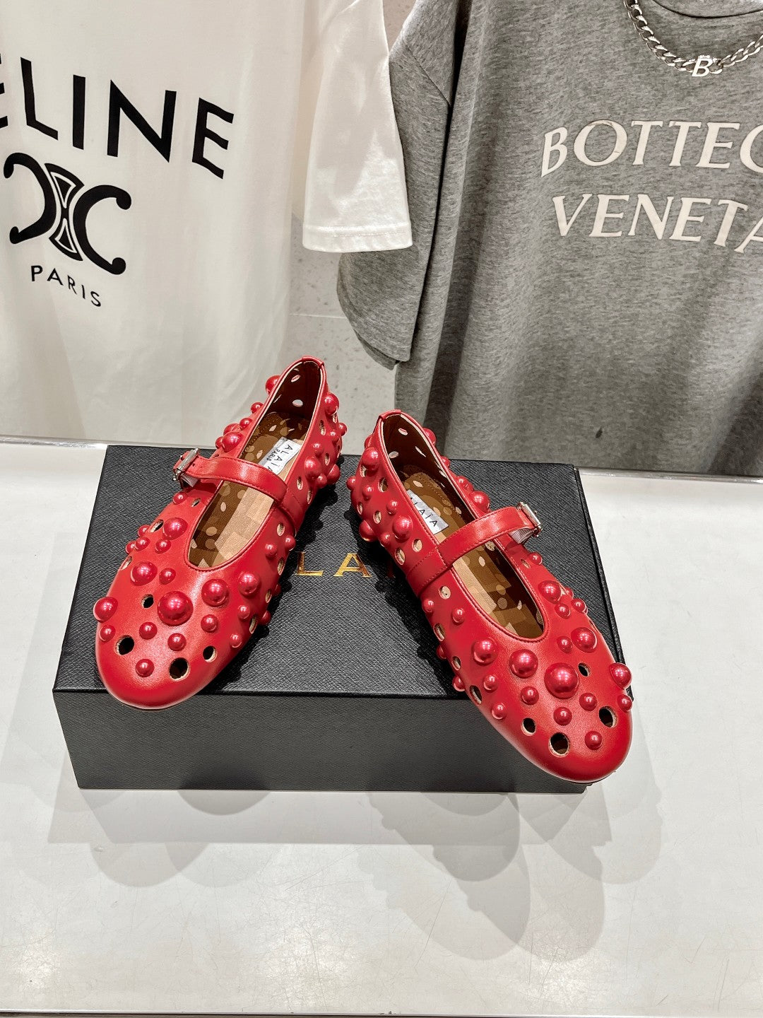 ALAIA PEARL MARY JANE SHOES IN ROSE RED LAMBSKIN - 35