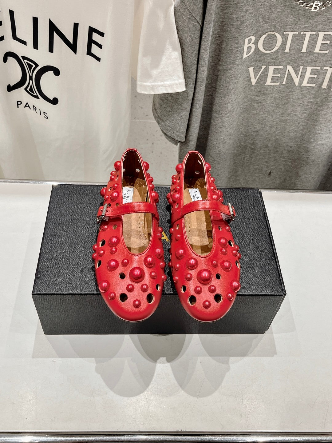 ALAIA PEARL MARY JANE SHOES IN ROSE RED LAMBSKIN - 35