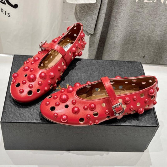 ALAIA PEARL MARY JANE SHOES IN ROSE RED LAMBSKIN - 35