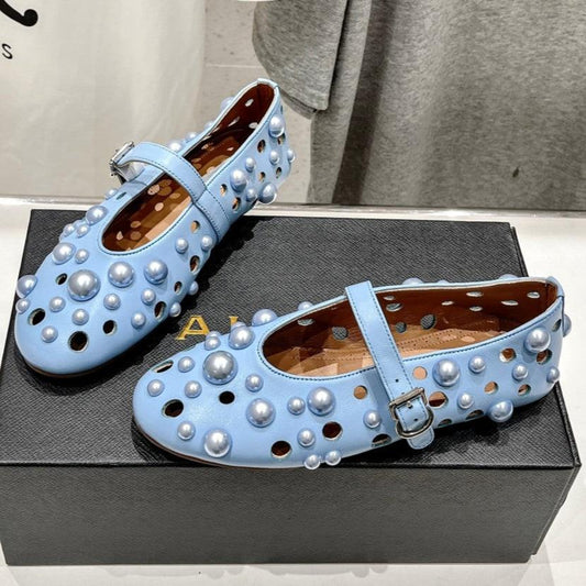 ALAIA PEARL MARY JANE SHOES IN LIGHT BLUE LAMBSKIN - 35