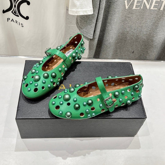 ALAIA PEARL MARY JANE SHOES IN EMERALD GREEN LAMBSKIN - 35
