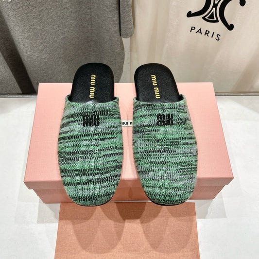 KNITTED MULES IN LIGHT GREEN MIX BLACK WOOL - 35