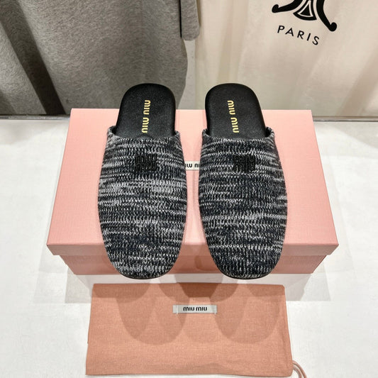 KNITTED MULES IN BLACK MIX WHITE WOOL - 35