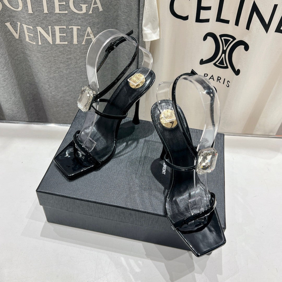 HIGH HEEL SANDALS IN BLACK GLOSSY CALFSKIN WTH STRAPS ATTACHED GEM - 35