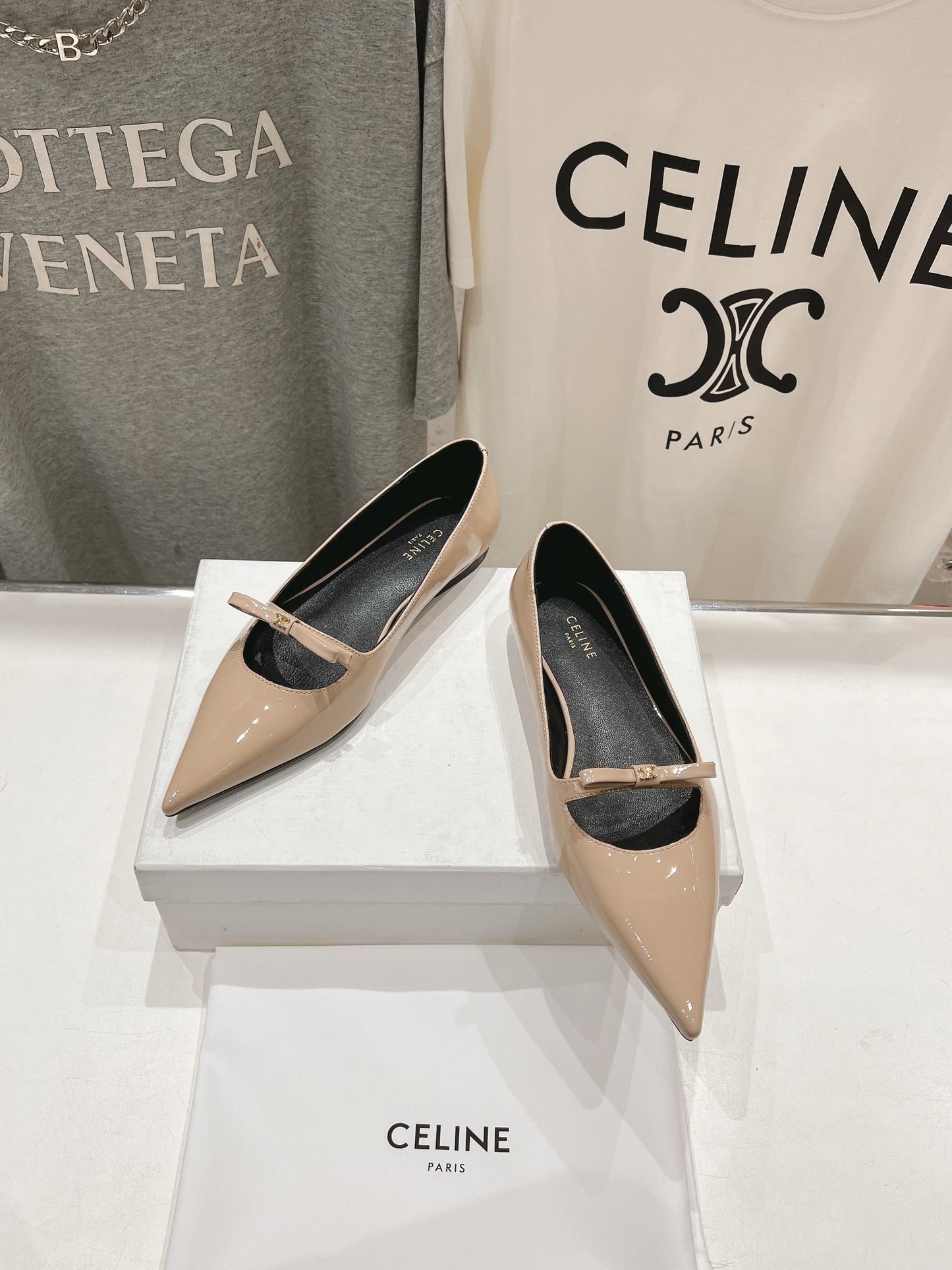 SUZY POINTY TOE BALLERINA IN TAN BEIGE PATENT CALFSKIN - 34