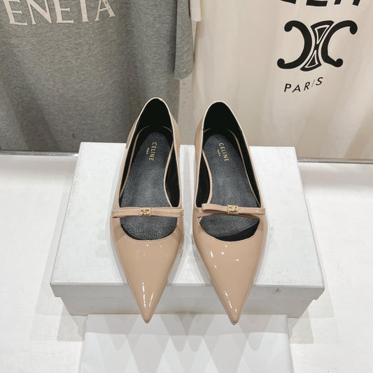 SUZY POINTY TOE BALLERINA IN TAN BEIGE PATENT CALFSKIN - 34