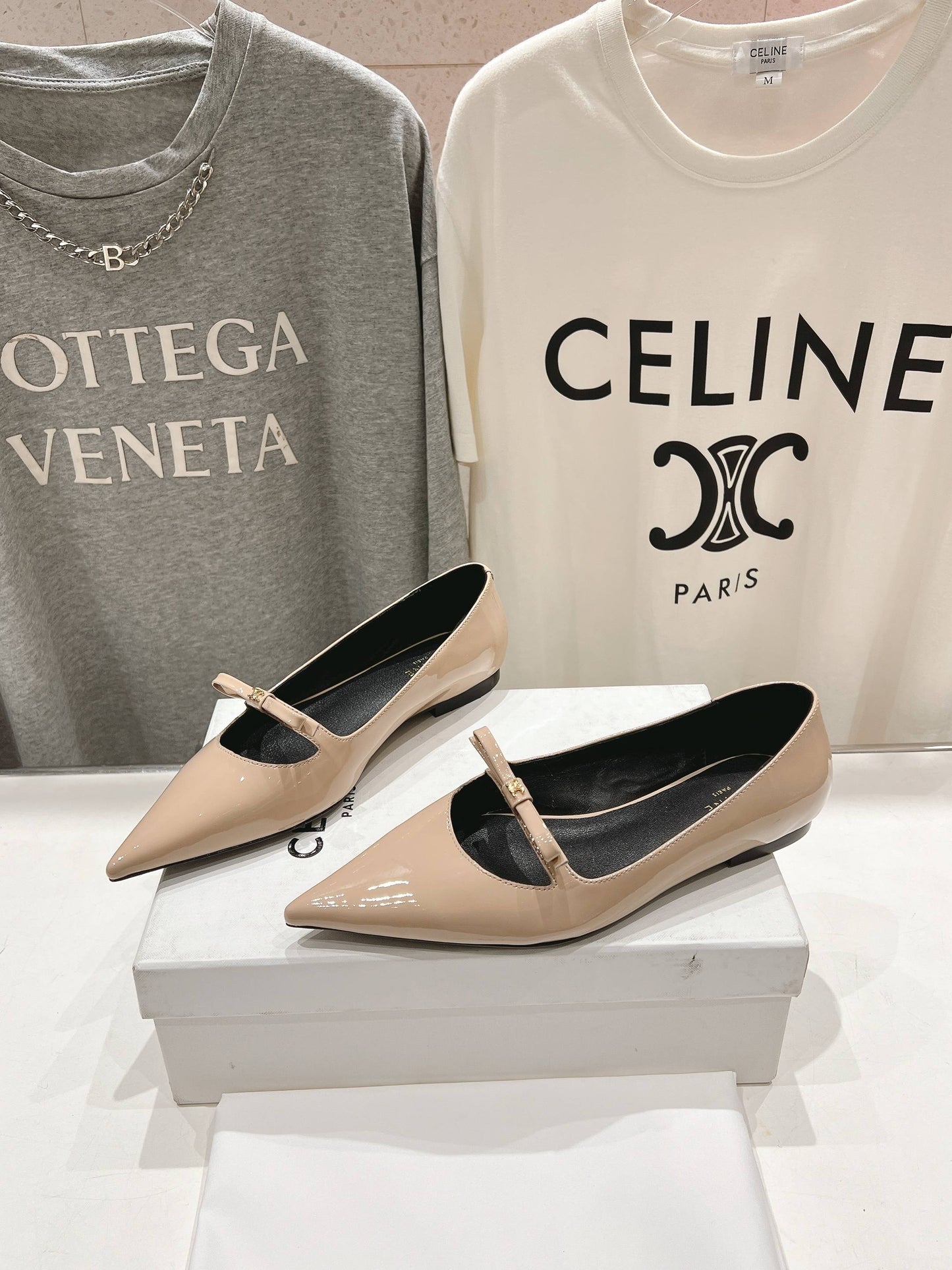 SUZY POINTY TOE BALLERINA IN TAN BEIGE PATENT CALFSKIN - 34