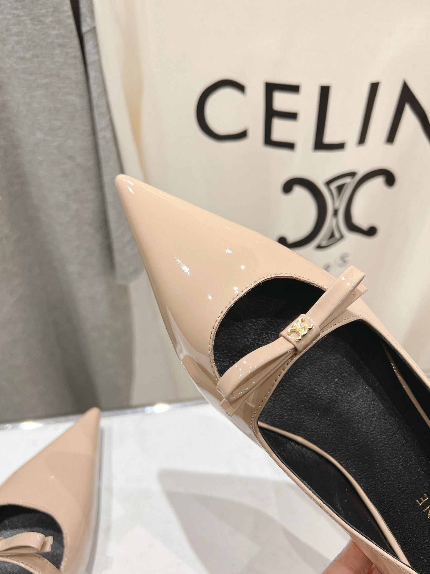 SUZY POINTY TOE BALLERINA IN TAN BEIGE PATENT CALFSKIN - 34
