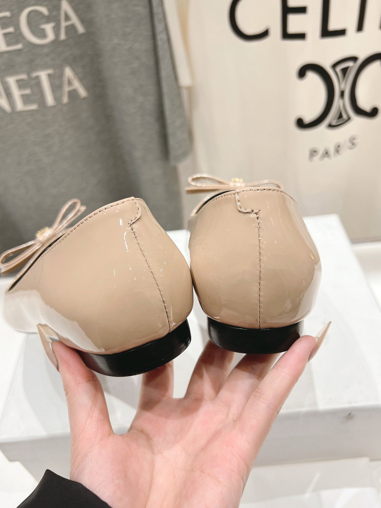 SUZY POINTY TOE BALLERINA IN TAN BEIGE PATENT CALFSKIN - 34