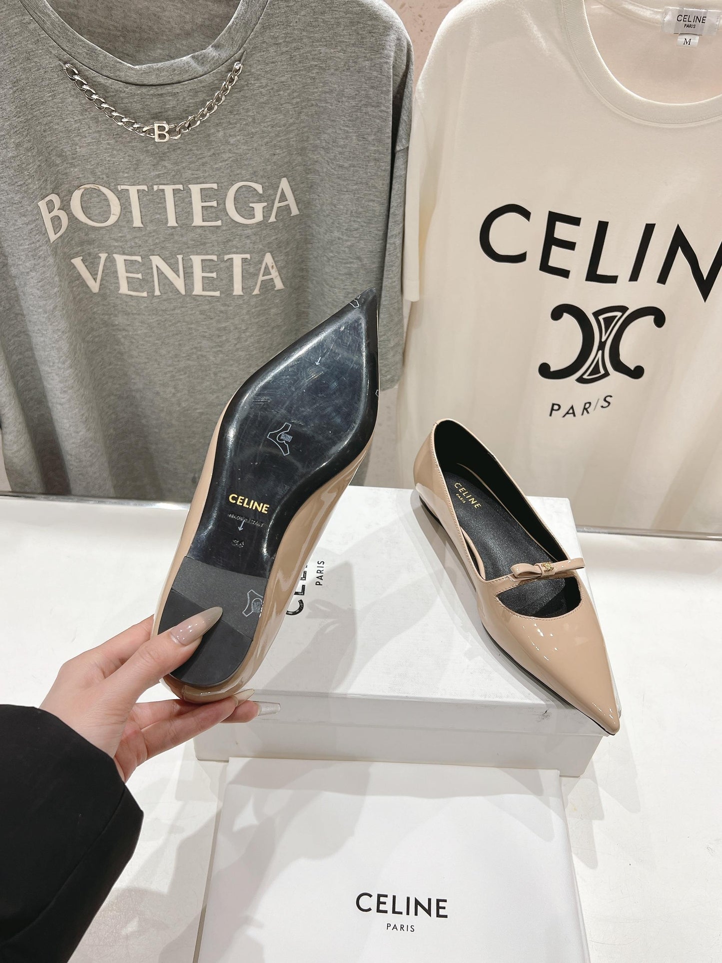 SUZY POINTY TOE BALLERINA IN TAN BEIGE PATENT CALFSKIN - 34