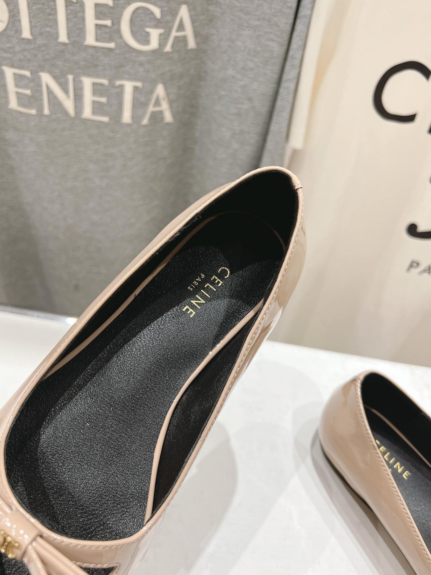 SUZY POINTY TOE BALLERINA IN TAN BEIGE PATENT CALFSKIN - 34