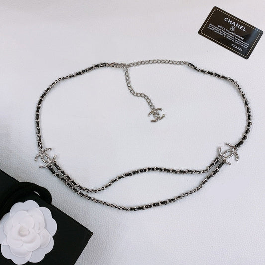 CHAIN BELT IN SILVER METAL INTERWOVEN WITH CALFSKIN STRAPS - 30